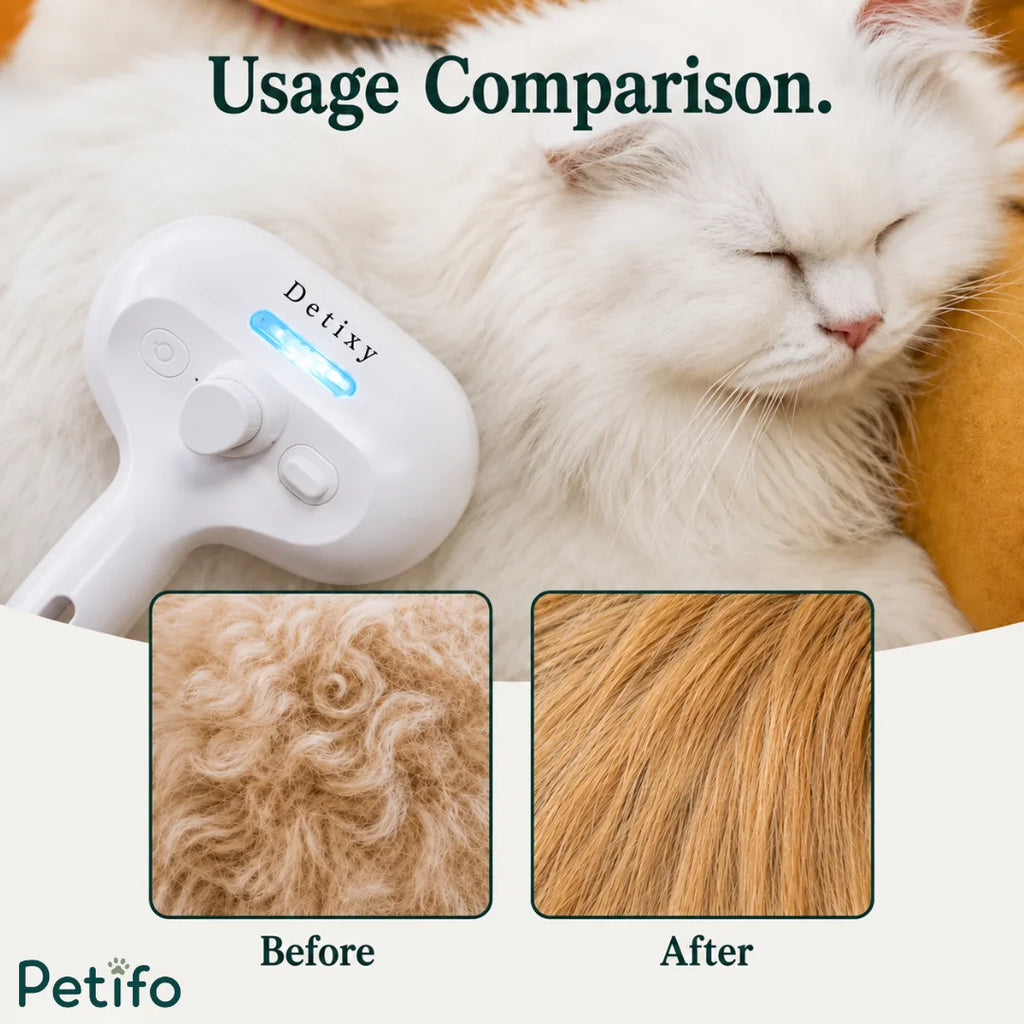 A usage comparison image showing a white Persian cat before and after grooming alongside the Petifo grooming brush.
