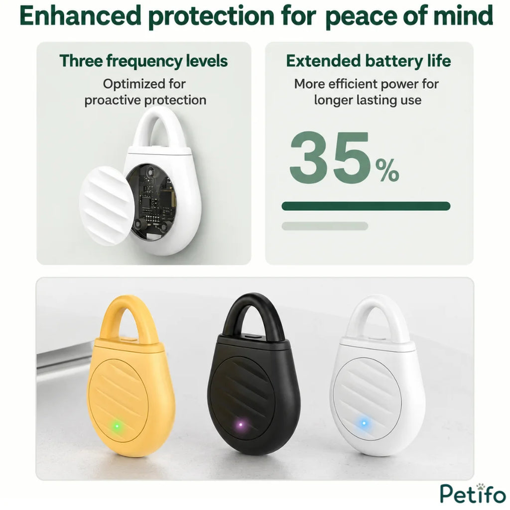 Three color variants of the ultrasonic tick repellent device highlighting three frequency levels and extended battery life.