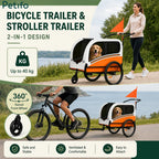 A versatile 2-in-1 orange pet bike trailer and stroller featuring a 360-degree swivel front wheel and easy attachment system.