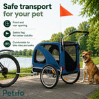 Petifo pet trailer with front and rear openings, safety flag, and versatile design for both bike rides and walking.