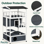 Outdoor protection features of the wooden cat house including an asphalt roof, weather-resistant coating, and raised feet.