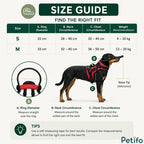 Size guide chart for the blind dog halo harness detailing ring diameter, neck circumference, chest circumference, and weight recommendations.