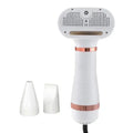 Front view of the white and rose-gold multi-functional pet grooming dryer standing upright next to two interchangeable attachment nozzles.