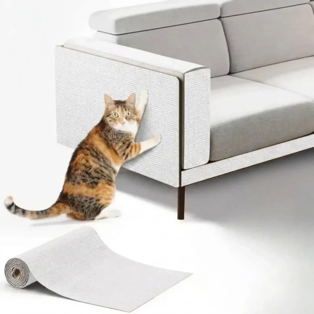 tudio product shot showing a calico cat scratching a white Petifo cat scratch mat applied to the armrest of a modern sofa, with an unrolled white mat in the foreground.