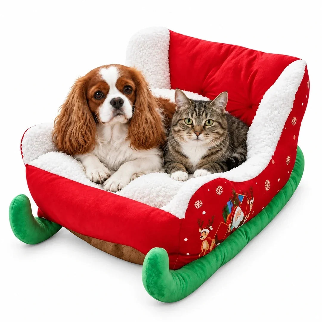 Christmas Sleigh Pet Bed in size L with a dog and cat together