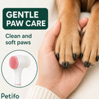 Gentle paw care concept image showing soft dog paws held in hands alongside the Petifo grooming brush.