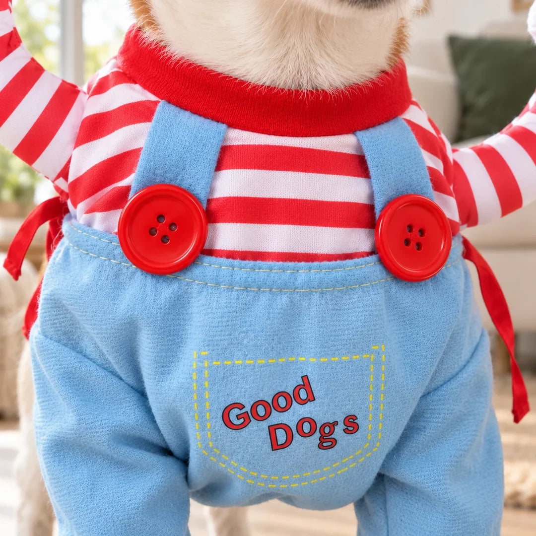 Close-up of braces and chest pocket on the Creepy Doll Pet Costume
