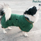 Border Collie wearing green microfibre dog drying robe with orange trim