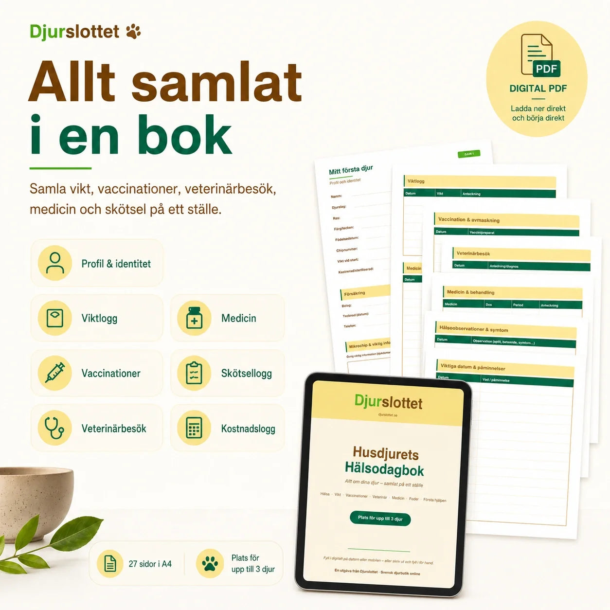 The Pet Health Diary gathers profile, weight log, vaccinations, vet visits, medication, grooming log and cost log in one place.
