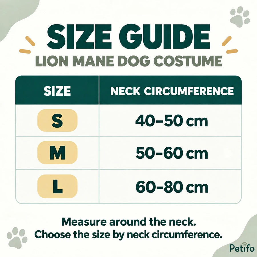 Guida alle taglie del costume da cane con criniera di leone: S 40–50 cm, M 50–60 cm e L 60–80 cm di circonferenza del collo - Petifo