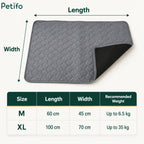 Sizing guide infographic showing length, width, and weight recommendations for medium and extra-large pet mats.