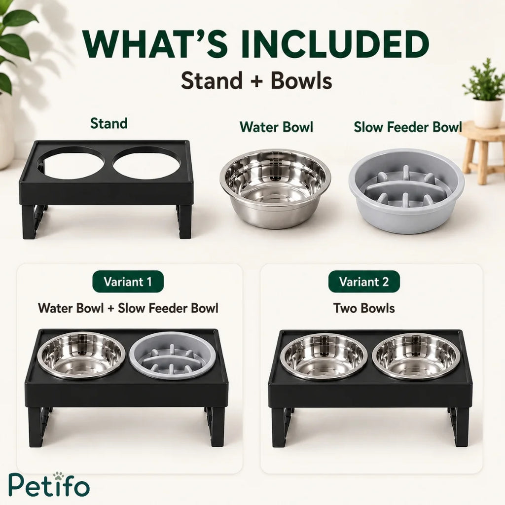 Product package breakdown showing Petifo elevated stand with stainless steel bowl and slow feeder options