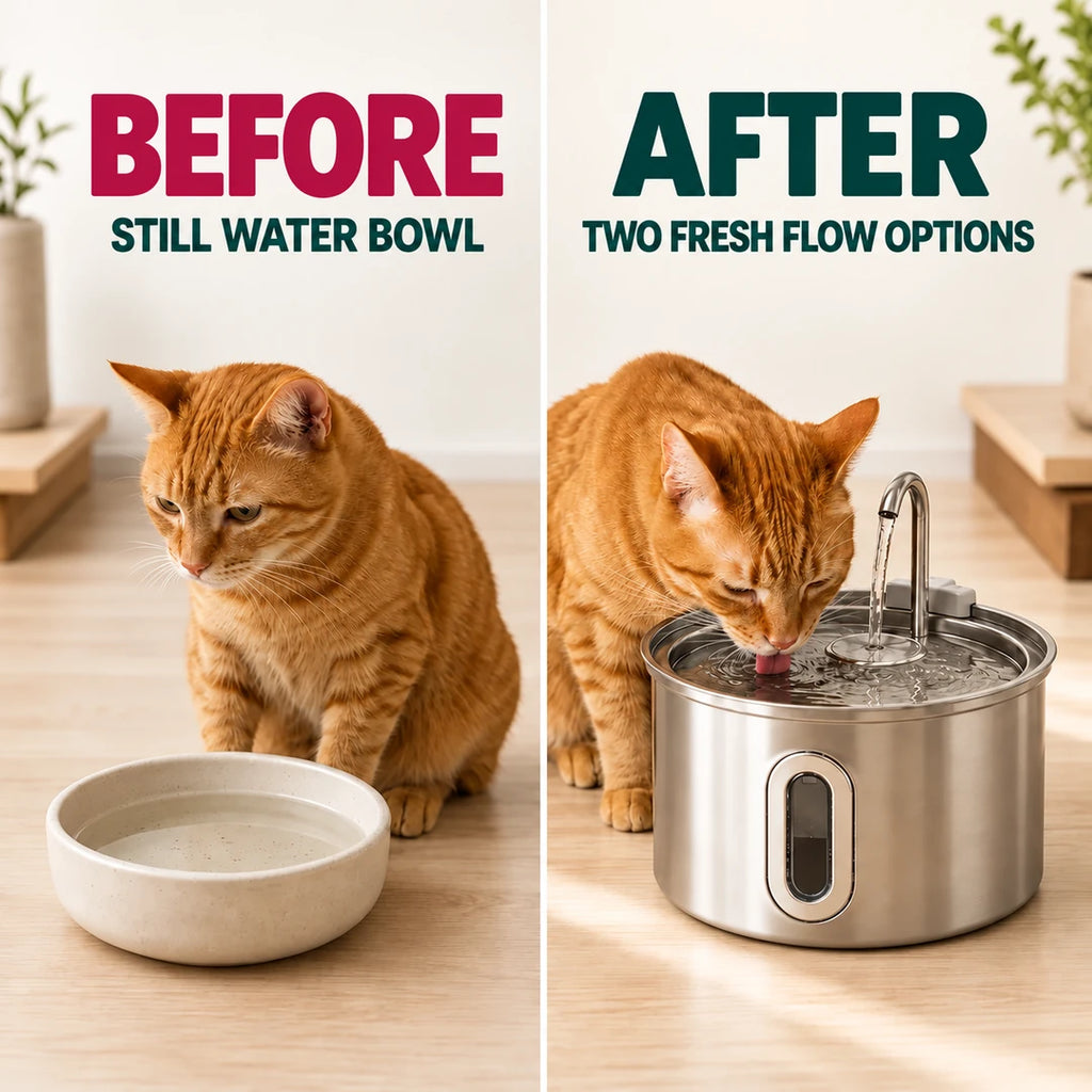 BEFORE and AFTER: still water bowl compared with two fresh flow options from the PawHut 2.5 L Cat Water Fountain - Petifo