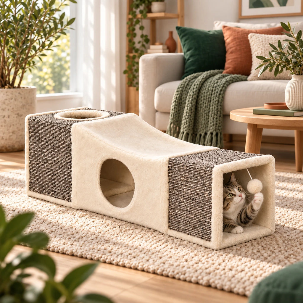 PawHut 2-in-1 Cat Tunnel in a bright living room with a cat - Petifo