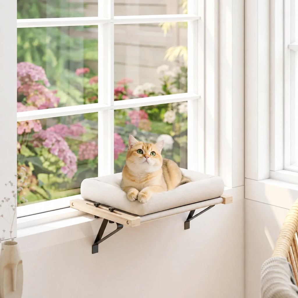 Cat relaxing on the PawHut window bed beside a bright window - Petifo