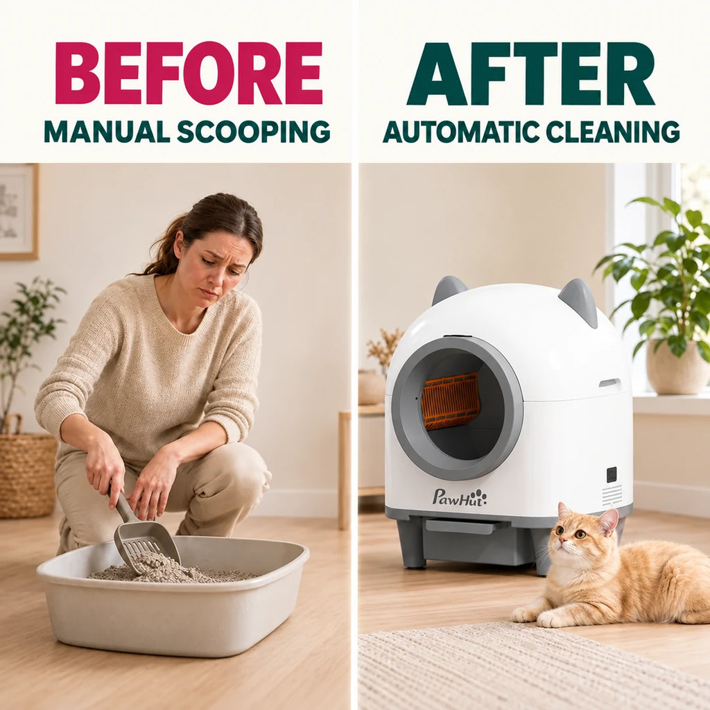 BEFORE and AFTER: manual scooping compared with automatic cleaning in the PawHut Self-Cleaning Litter Box - Petifo