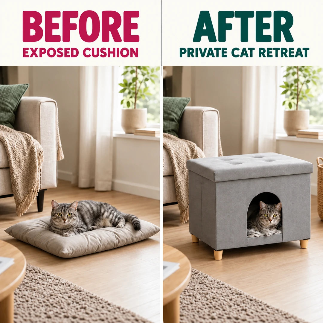 BEFORE and AFTER: exposed cushion compared with a private retreat in the PawHut Cat House and Footstool - Petifo