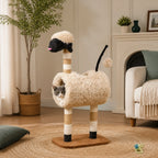PawHut sheep-shaped cat tree with a cat resting in the tunnel - Petifo