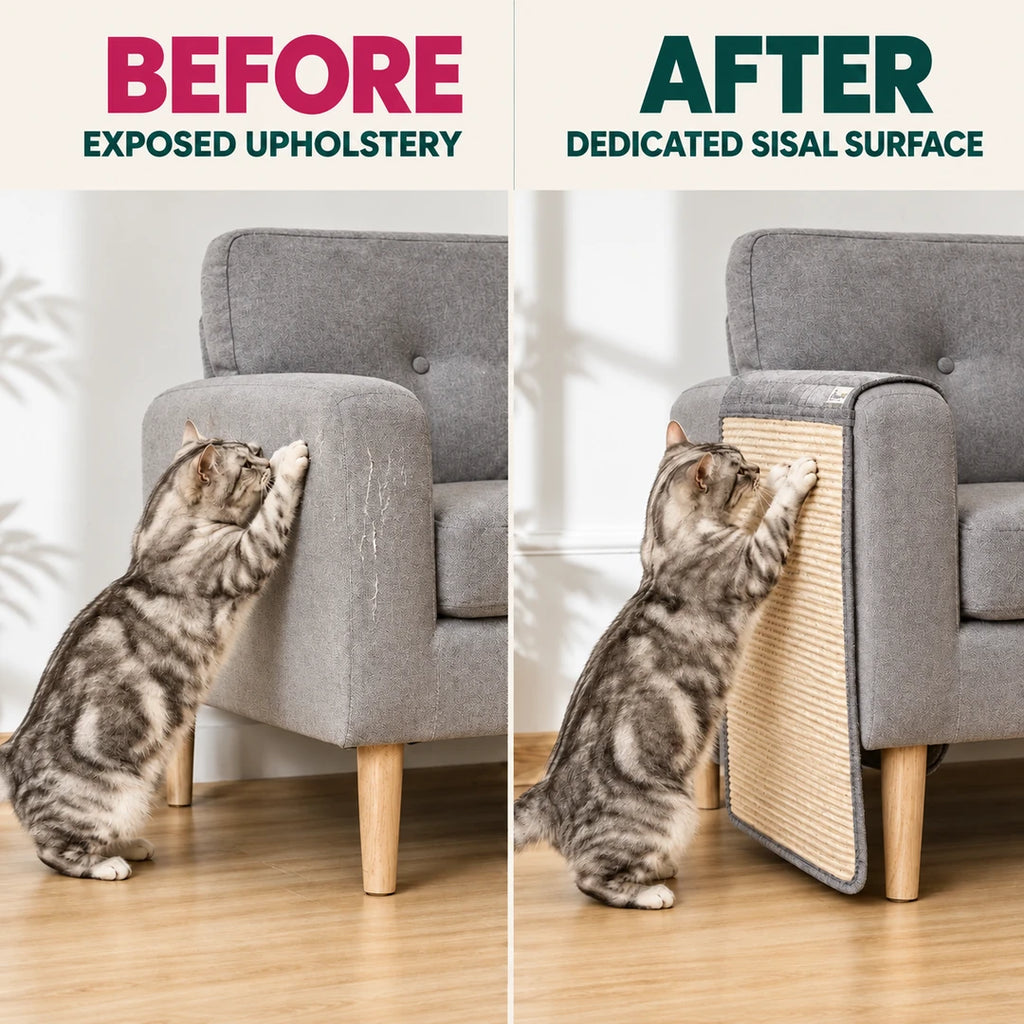 BEFORE and AFTER: exposed upholstery compared with a dedicated sisal surface using PawHut Sofa Scratch Protectors - Petifo