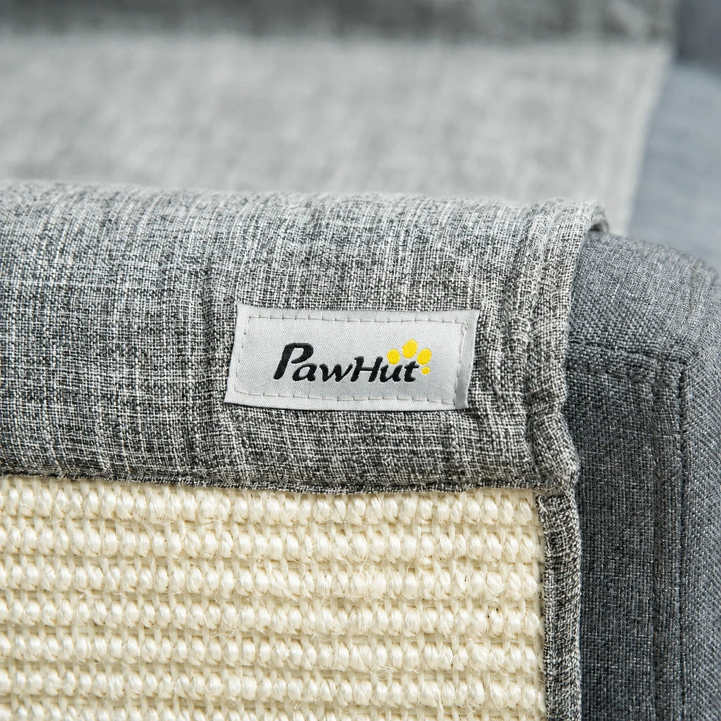 Close-up of the PawHut label, grey fabric and sisal weave - Petifo