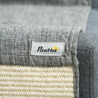 Close-up of the PawHut label, grey fabric and sisal weave - Petifo