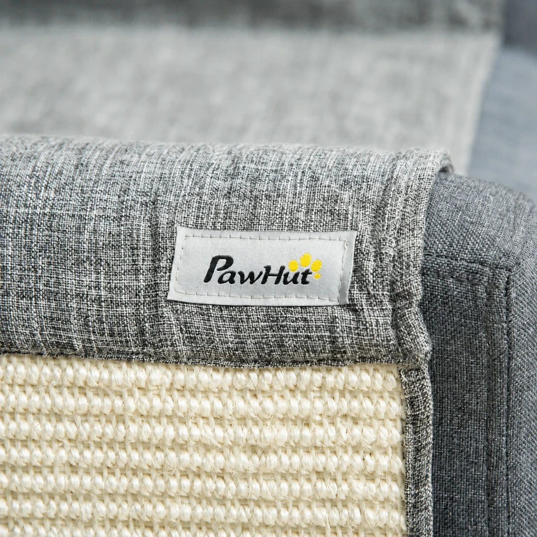Close-up of the PawHut label, grey fabric and sisal weave - Petifo