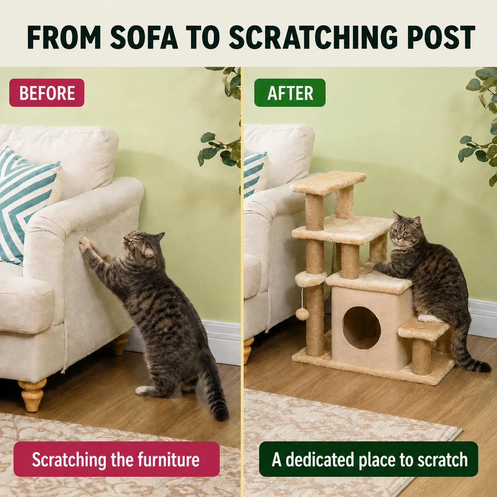 Before and after redirecting scratching to the PawHut cat stairs - Petifo