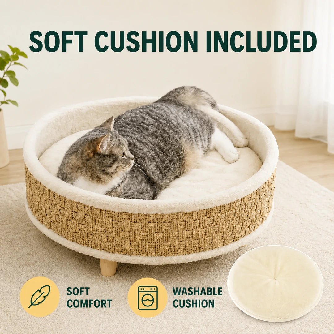 Soft removable cushion in the PawHut woven seagrass pet bed - Petifo