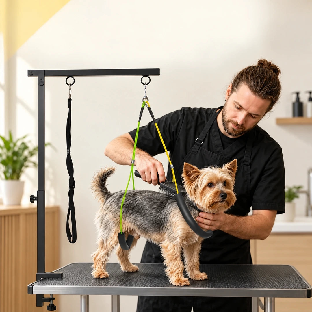 Pet Grooming Support Arm used while grooming a Yorkshire Terrier - Petifo