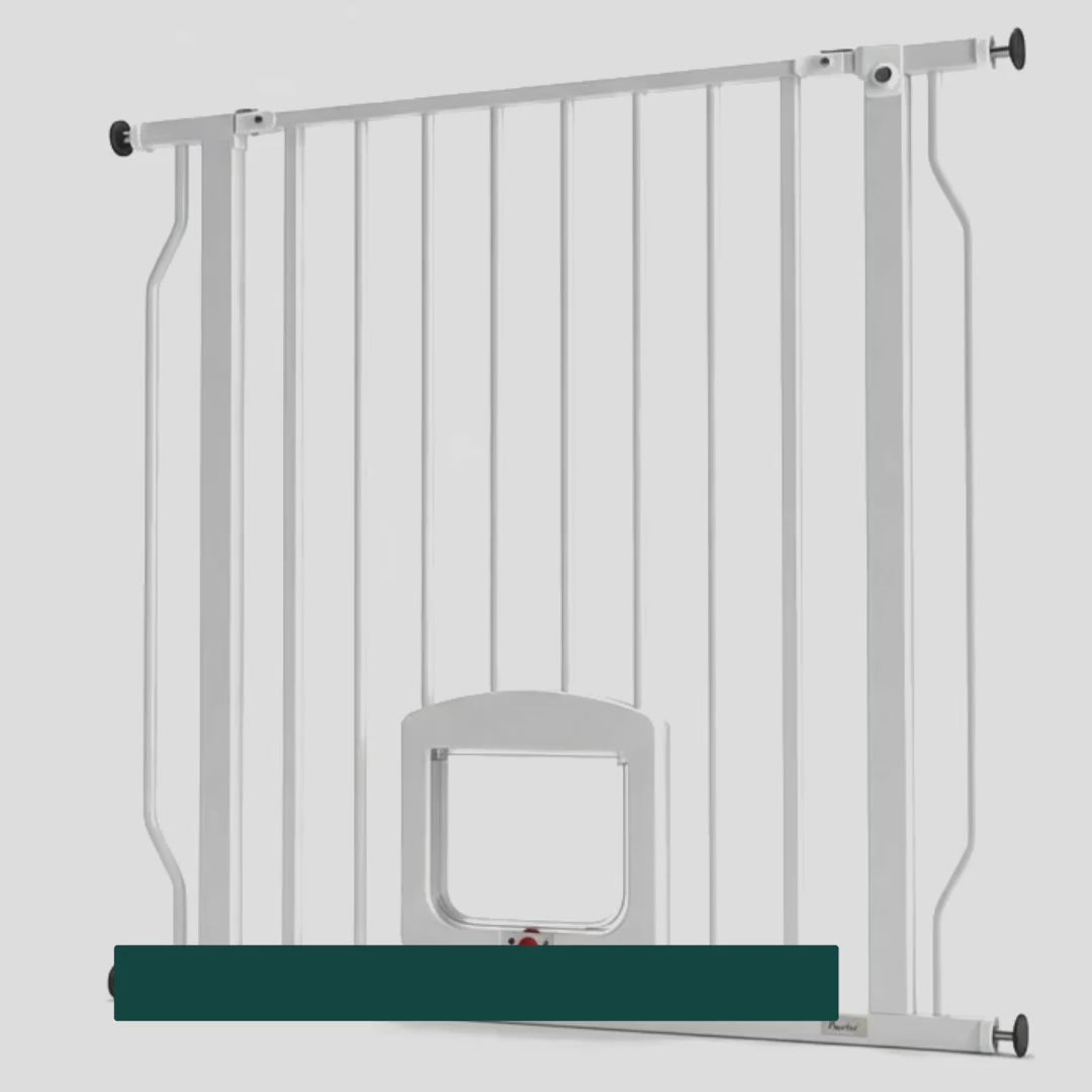 PawHut dog gate with a four-way cat flap separating pets at home — Petifo