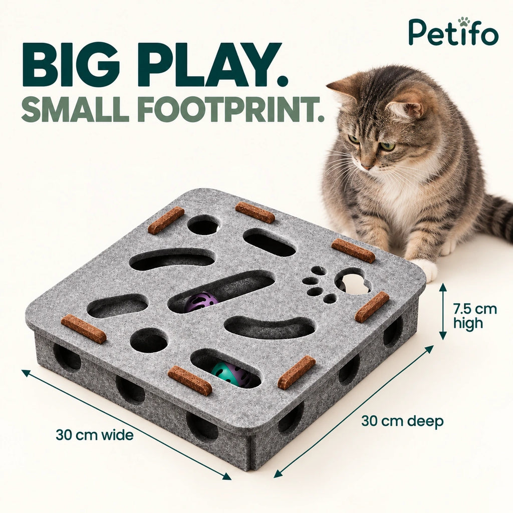 Purrnivo felt cat puzzle size guide showing 30 by 30 by 7.5 centimetres - Petifo