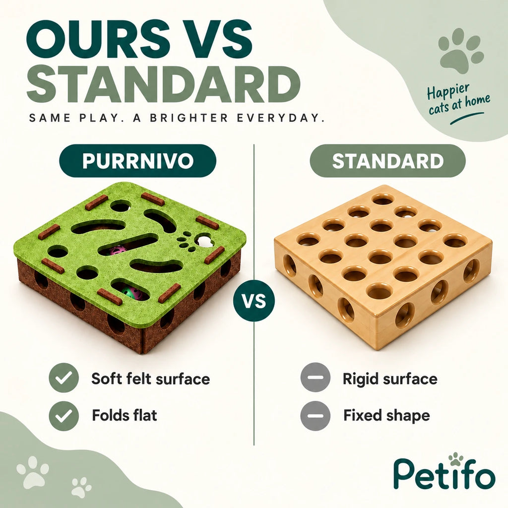 Purrnivo soft felt folding puzzle compared with a standard rigid cat puzzle - Petifo
