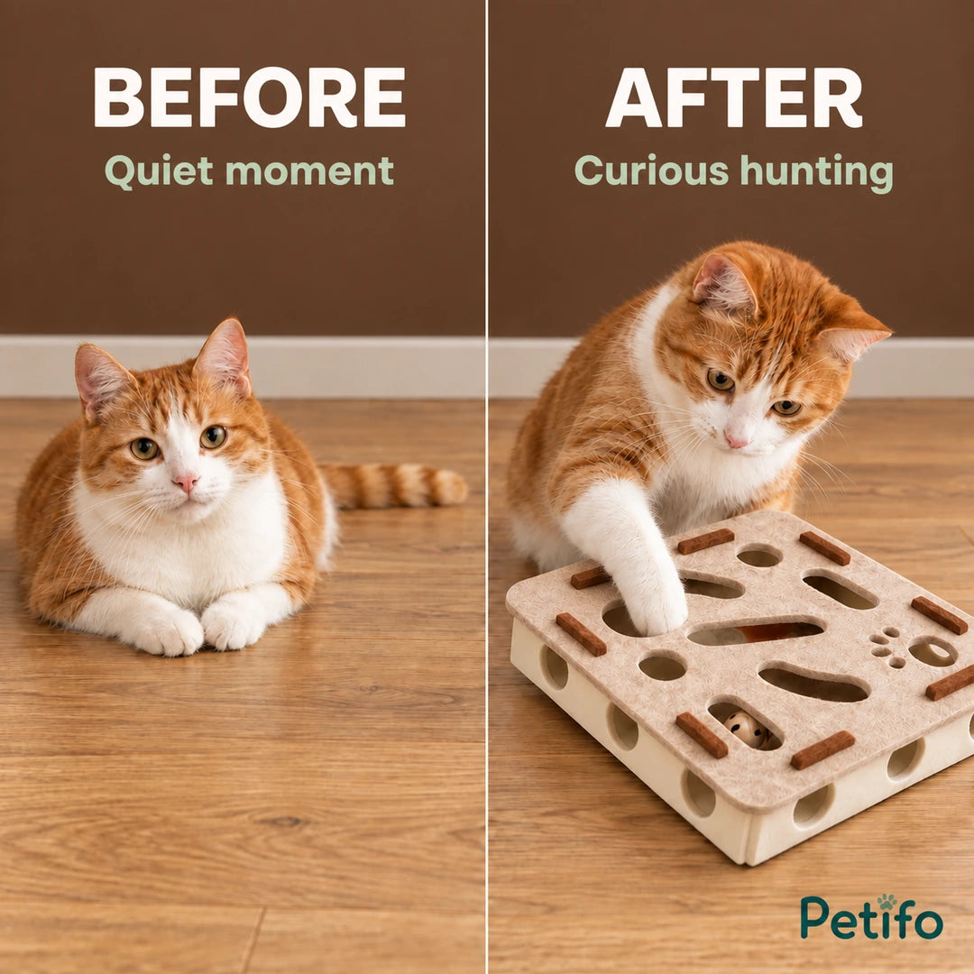 Before and after showing a quiet cat becoming engaged in puzzle play - Petifo