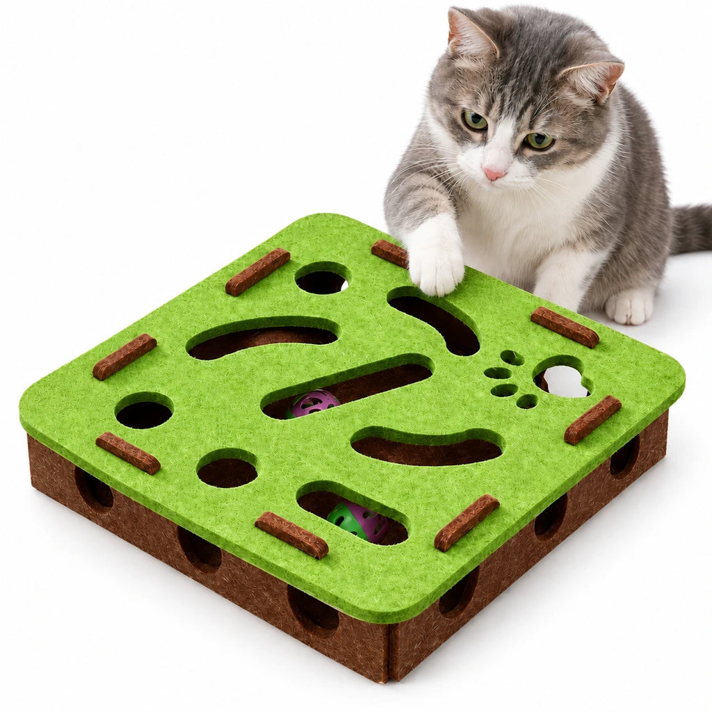 Green Purrnivo felt cat puzzle with a cat reaching for the hidden bell ball - Petifo