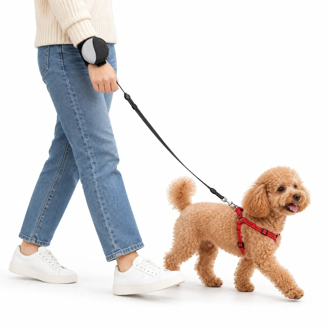 Retractable Dog Lead for Wrist in grey, attached during a walk – Petifo