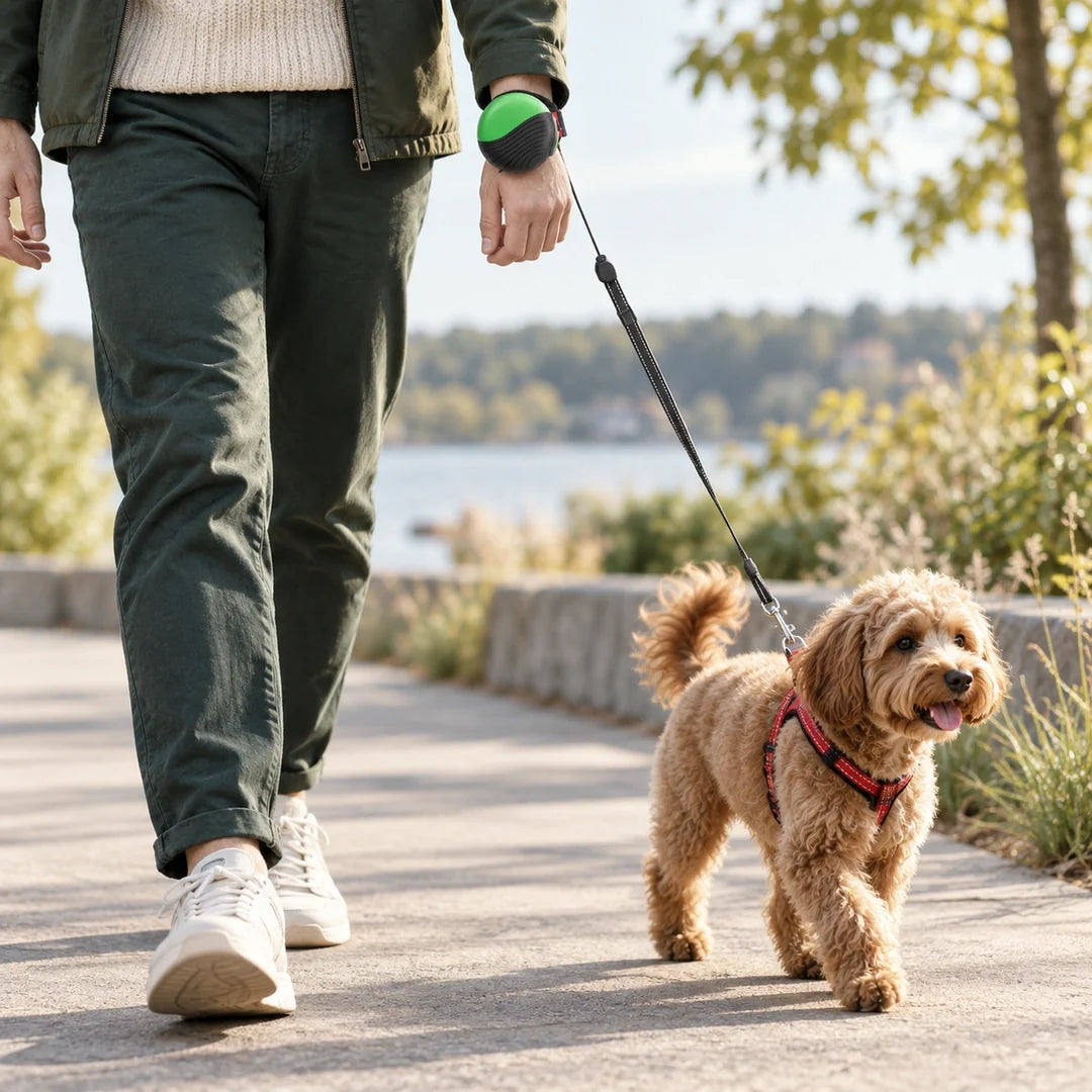 Owner walking a dog with a wrist-mounted lead – Petifo