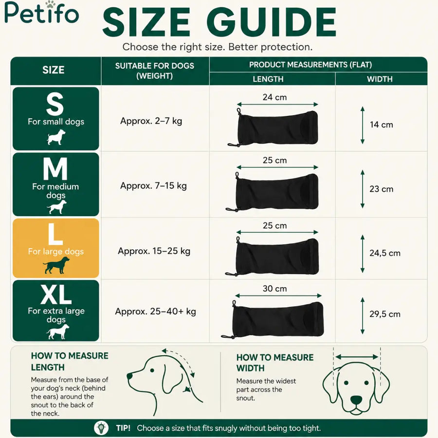 Infografica completa sulla guida alle taglie del cappellino anti-ansia Petifo, con misure dettagliate per cani di taglia piccola, media, grande ed extra-large.