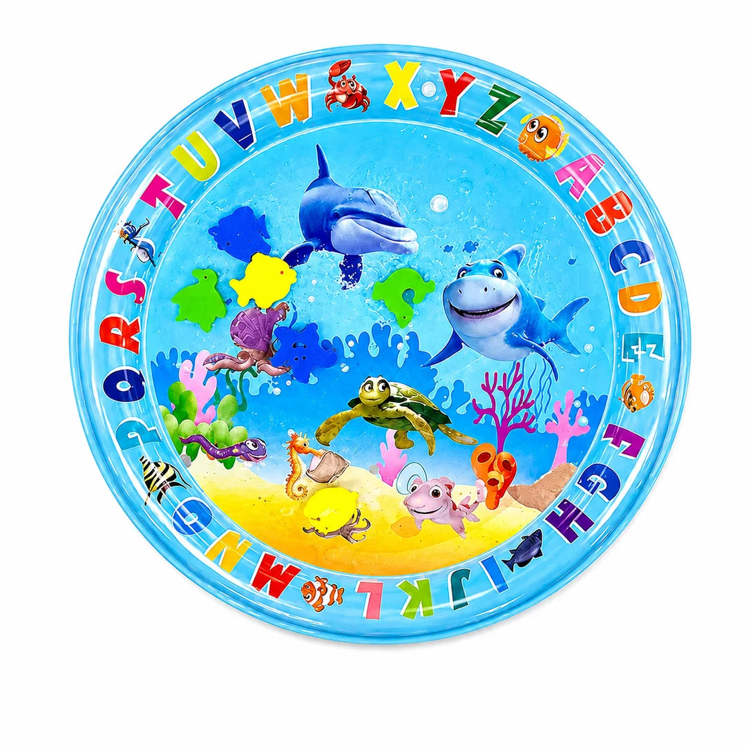 Alphabet and ocean animal themed cat water splash mat featuring sea creatures and colorful letters.