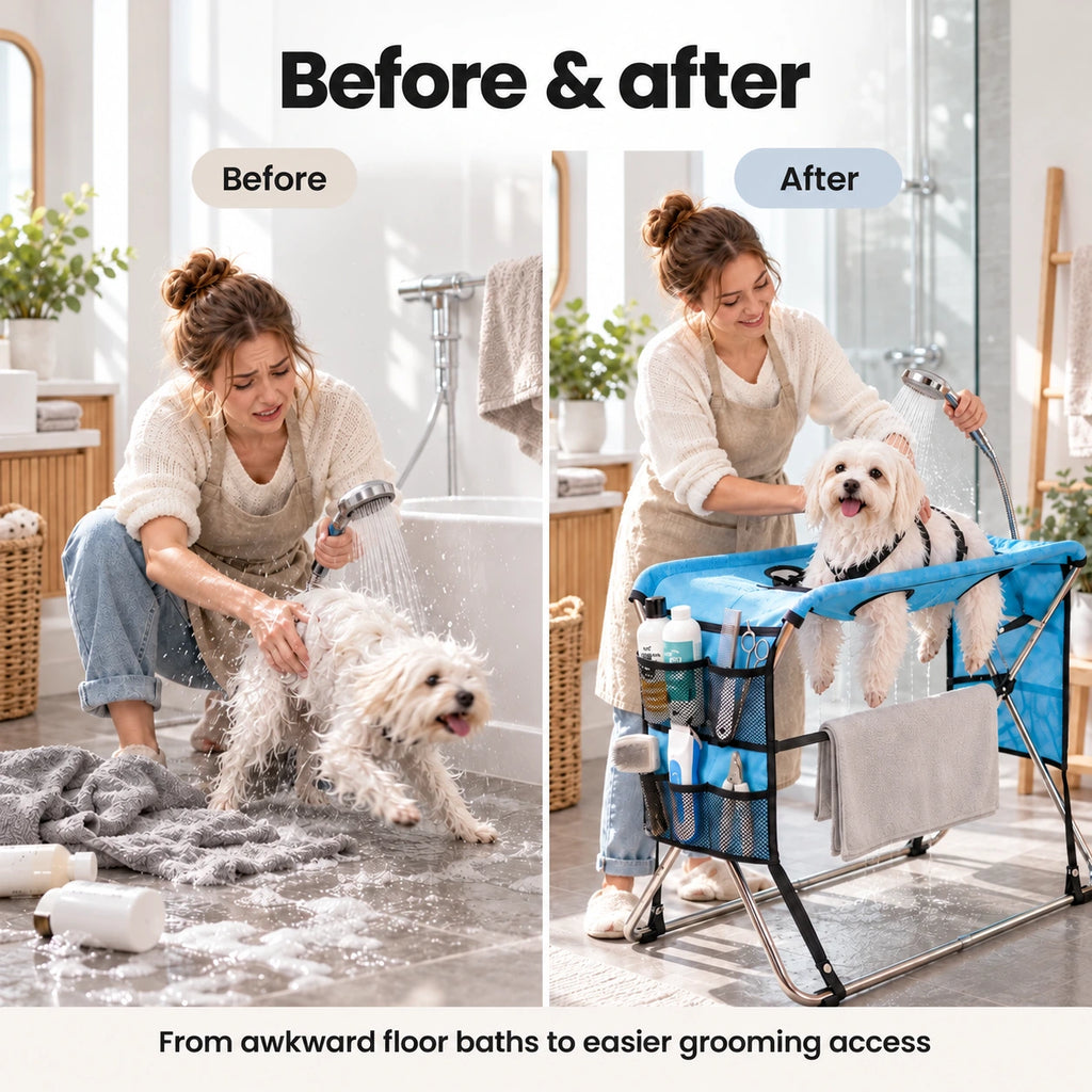 Before and after: awkward floor bathing compared with easier grooming access on the TailCare stand
