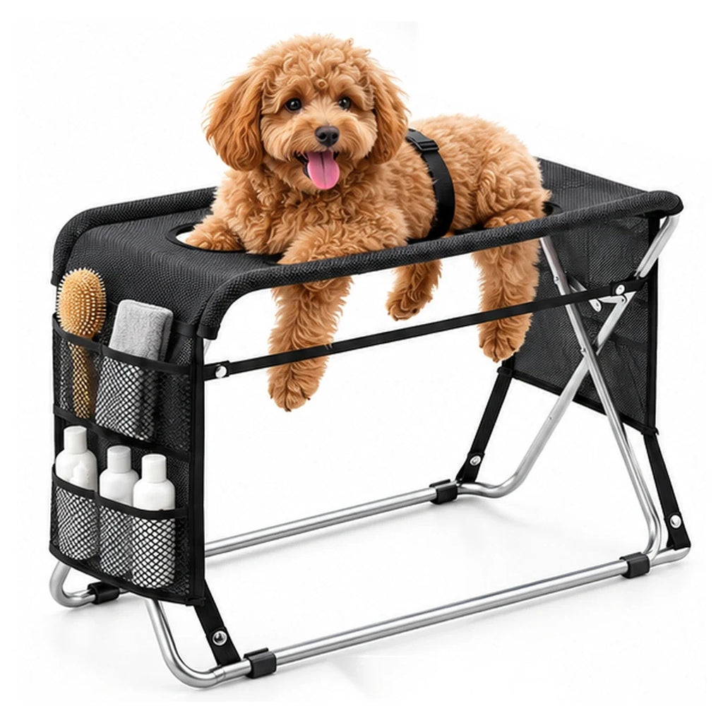 Friendly brown dog on the black TailCare Pet Grooming Stand