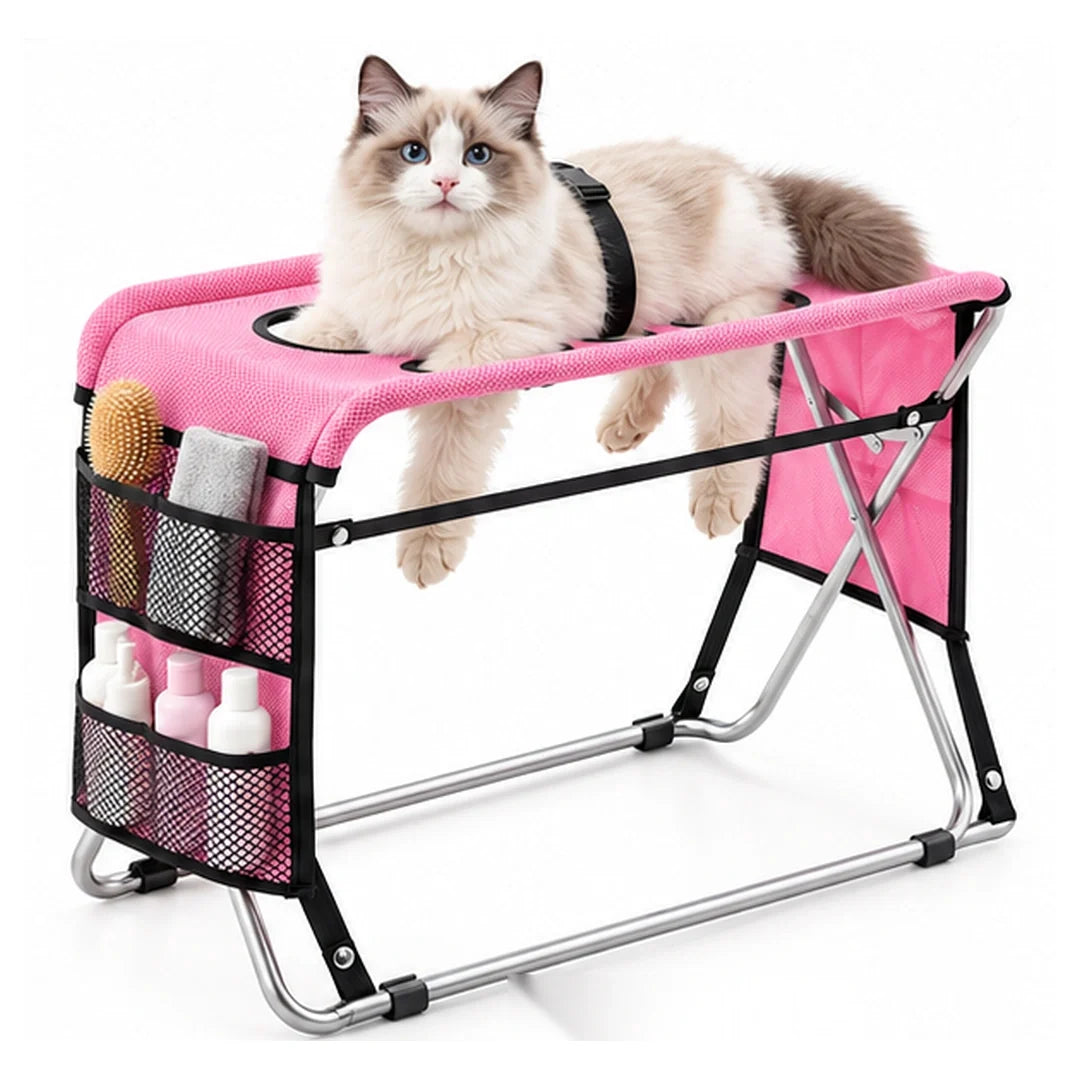 Calm cat on the pink TailCare Pet Grooming Stand with silver folding frame